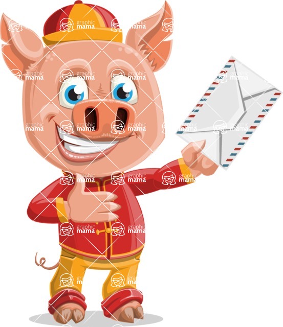 Year of the Pig Character - Vector Pig Cartoon - Year of the Pig Vector Character Holding a Letter
